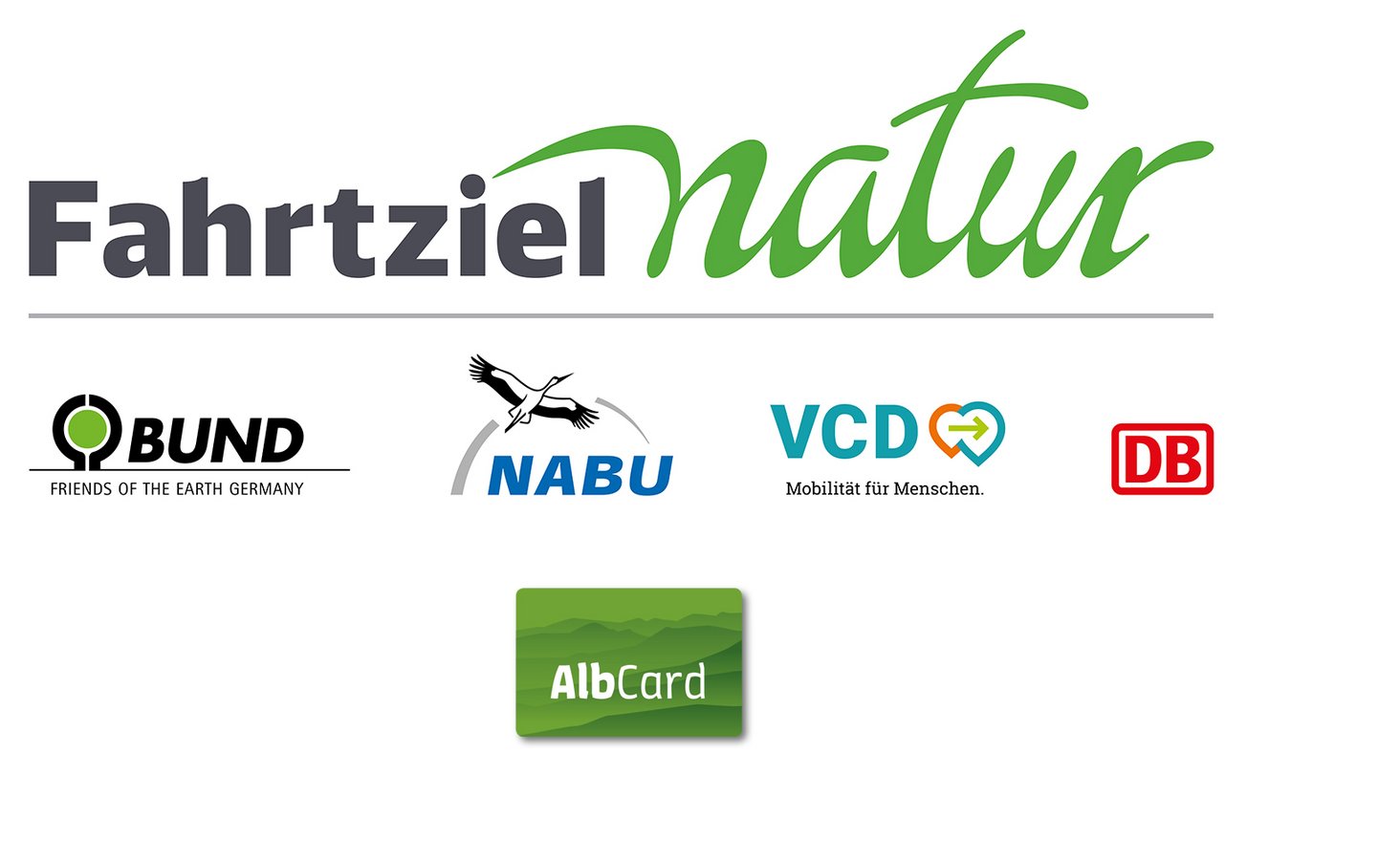 Logo Fahrziel Natur mit Kooperationspartnern BUND, NABU, VCD, DB und AlbCard