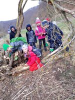 Kinder unterwegs in der Natur an von Bibern umgenagten Bäumen