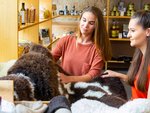 Zwei Frauen schauen sich die Felle im Biosphärenshop an