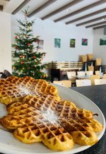 Adventliche Waffeln mit Bio-regionalen Zutaten aus der Bio-Musterregion und gewonnenem Bio-Weihnachtsbaum im Hintergrund