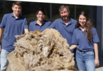 Familie Bosch hinter einem Sack voller Schafswolle